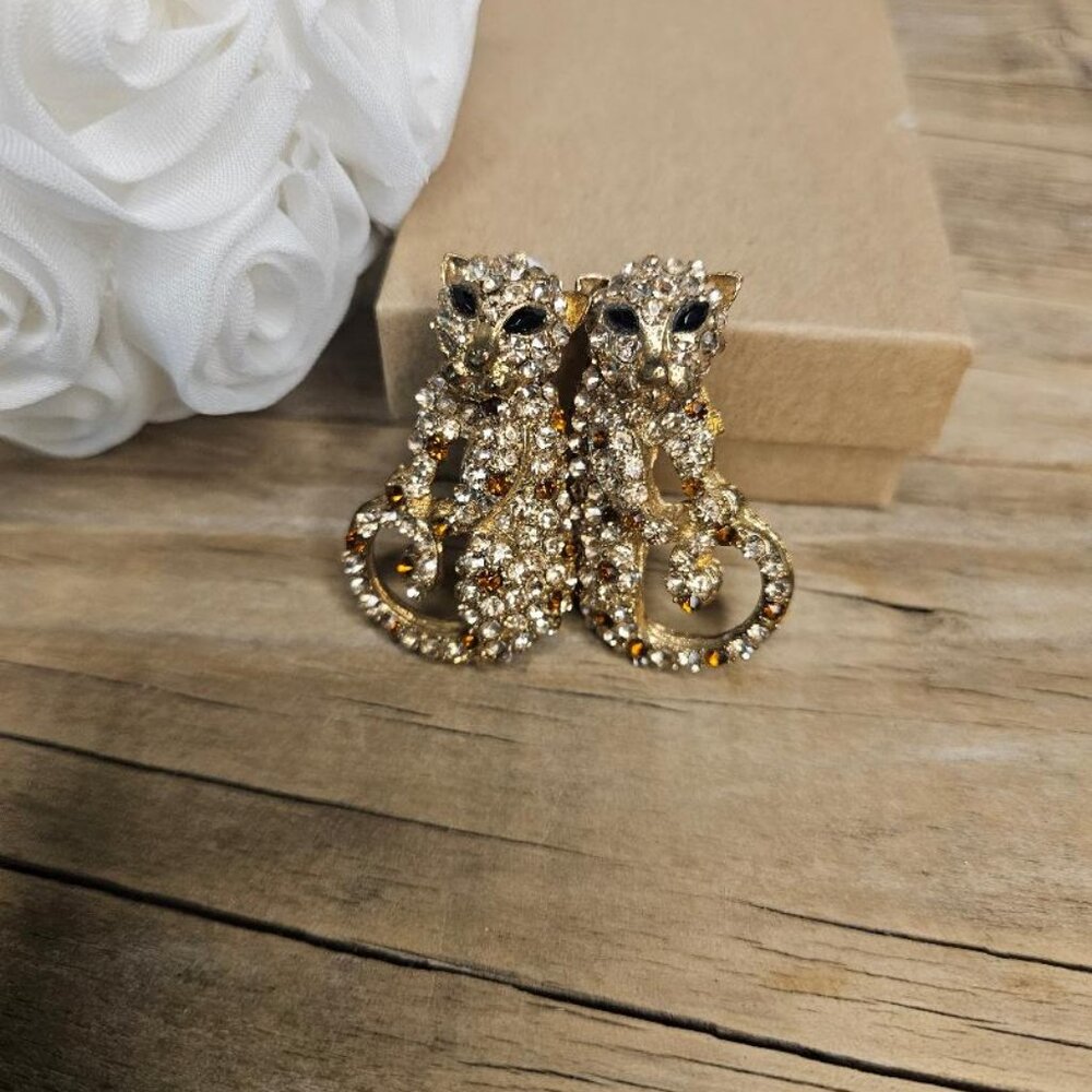 Vintage Pair of Gold Amber and Yellow Rhinestone Crystal Cheetah Clip Earrings